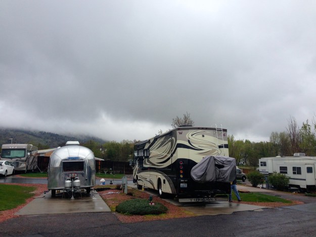 Our Campground in Golden, socked in (usually the mountain are in view)